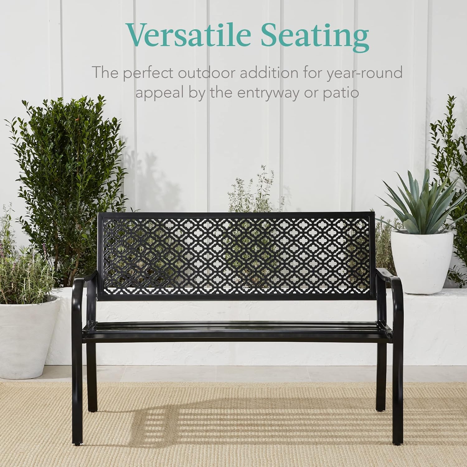 Best Choice Products Outdoor Bench 2-Person Metal Steel Benches Furniture for Garden, Patio, Porch, Entryway w/Geometric Backrest, 790lb Capacity – Black