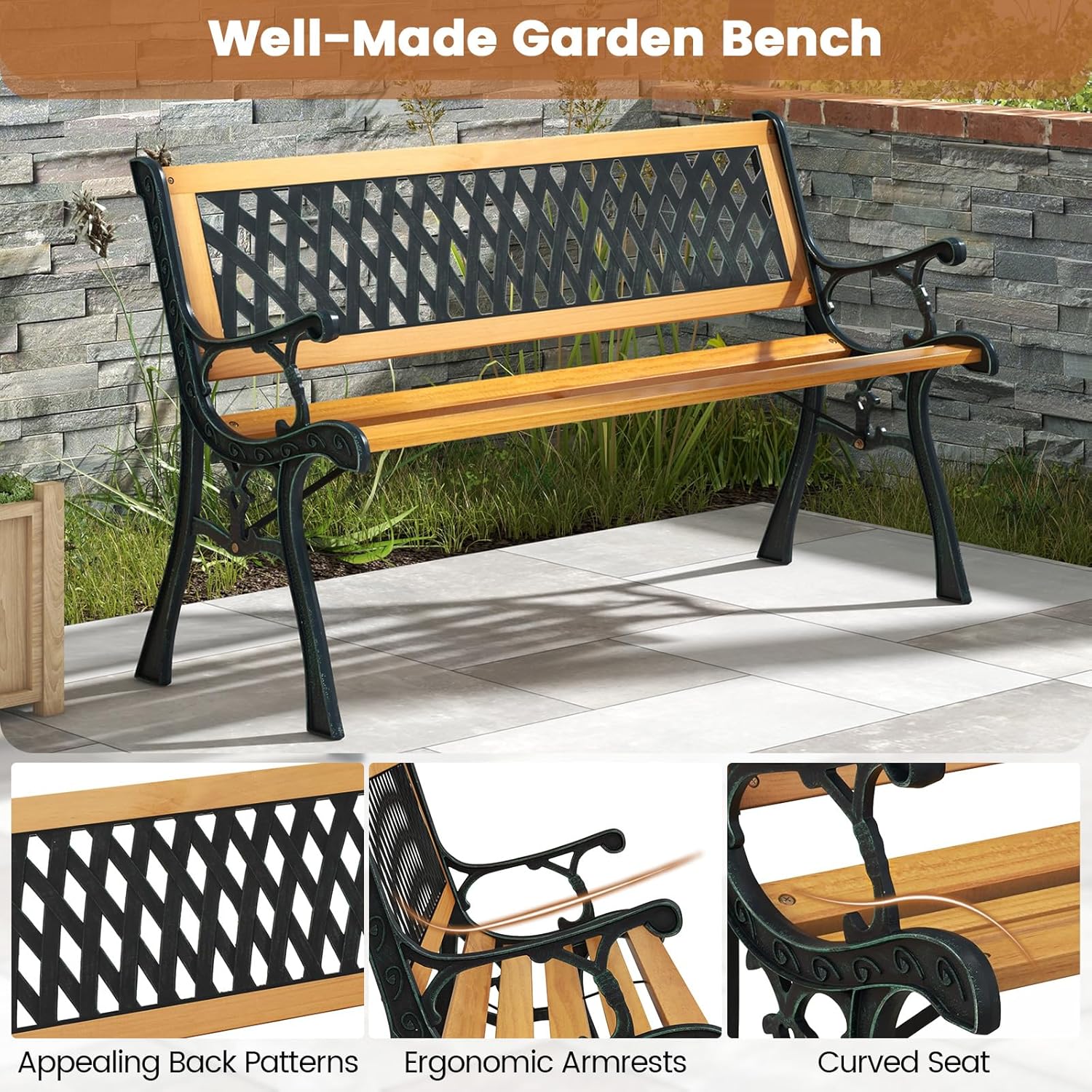 Tangkula Outdoor Garden Bench Park Bench, Patio Bench Chair with Cast Iron & Hardwood Structure, Weather Proof Porch Outdoor Furniture Loveseat, Perfect for Backyard, Deck, Lawn, Poolside