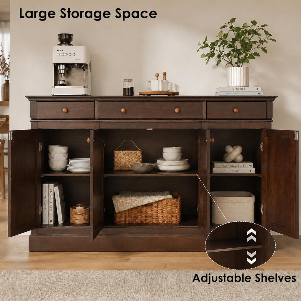 60 Inch Sideboard Buffet Cabinet with Storage, Farmhouse Credenza with 4 Doors and 3 Drawers, Wood Kitchen Coffee Bar with Adjustable Shelves for Dining Room, Living Room (Walnut)