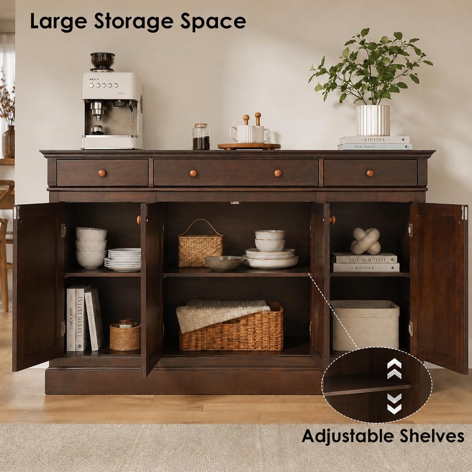 60 Inch Sideboard Buffet Cabinet with Storage, Farmhouse Credenza with 4 Doors and 3 Drawers, Wood Kitchen Coffee Bar with Adjustable Shelves for Dining Room, Living Room (Walnut)