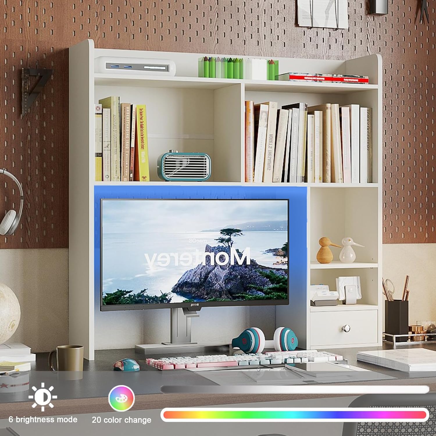 ChooChoo Desktop Bookshelf with Lights, 36.4" Tall Countertop Desk Hutch with 5 Shelves and 1 Drawer for Computer Desk, Desk Shelf Organizer for Dorm Office Home,White