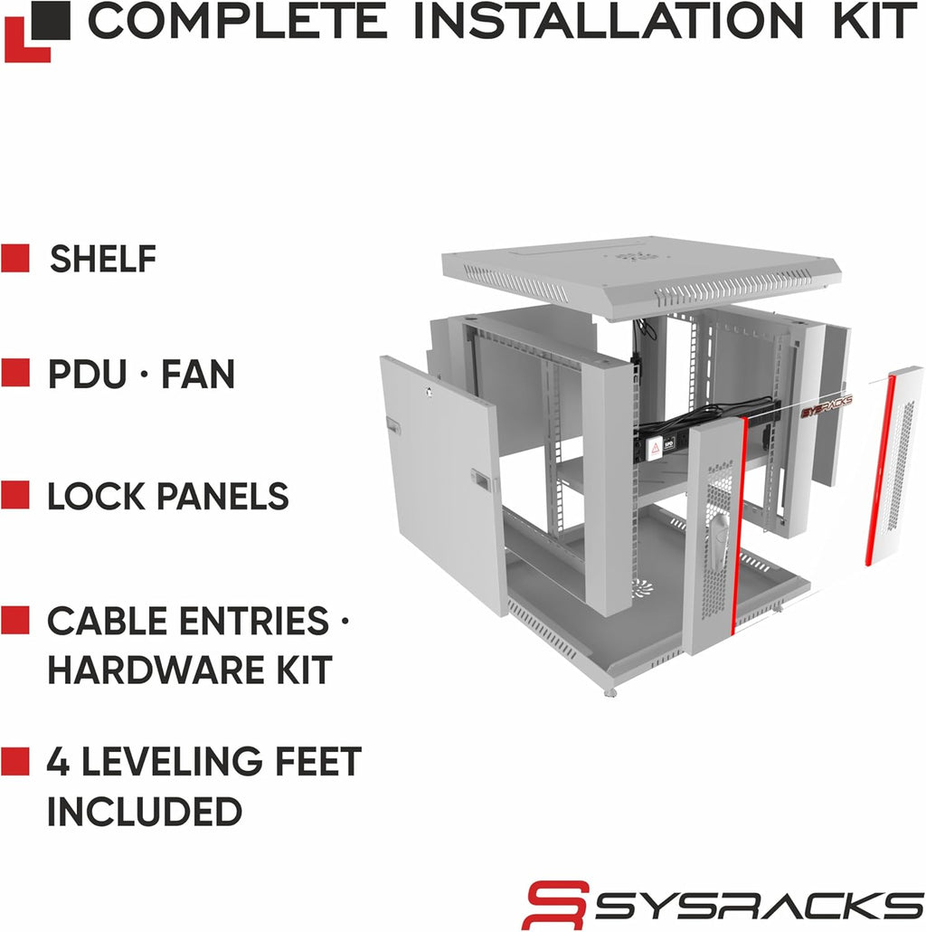 9U Wall Mount Server Rack Cabinet, 19” Locking Network Rack, 24” Deep, Glass Door, with Fan, PDU and Shelf