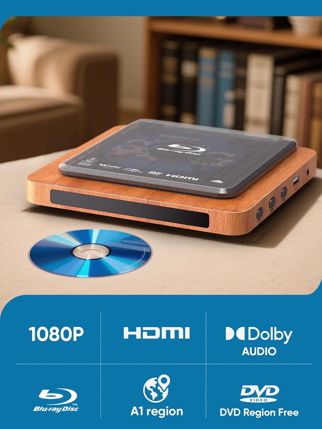 2025 Blu-ray Player with HDMI/AV Cables & Remote, Dolby Audio/DTS, 1080P | Plays Blu-ray A1, All DVDs (PAL) | USB, Retro Design