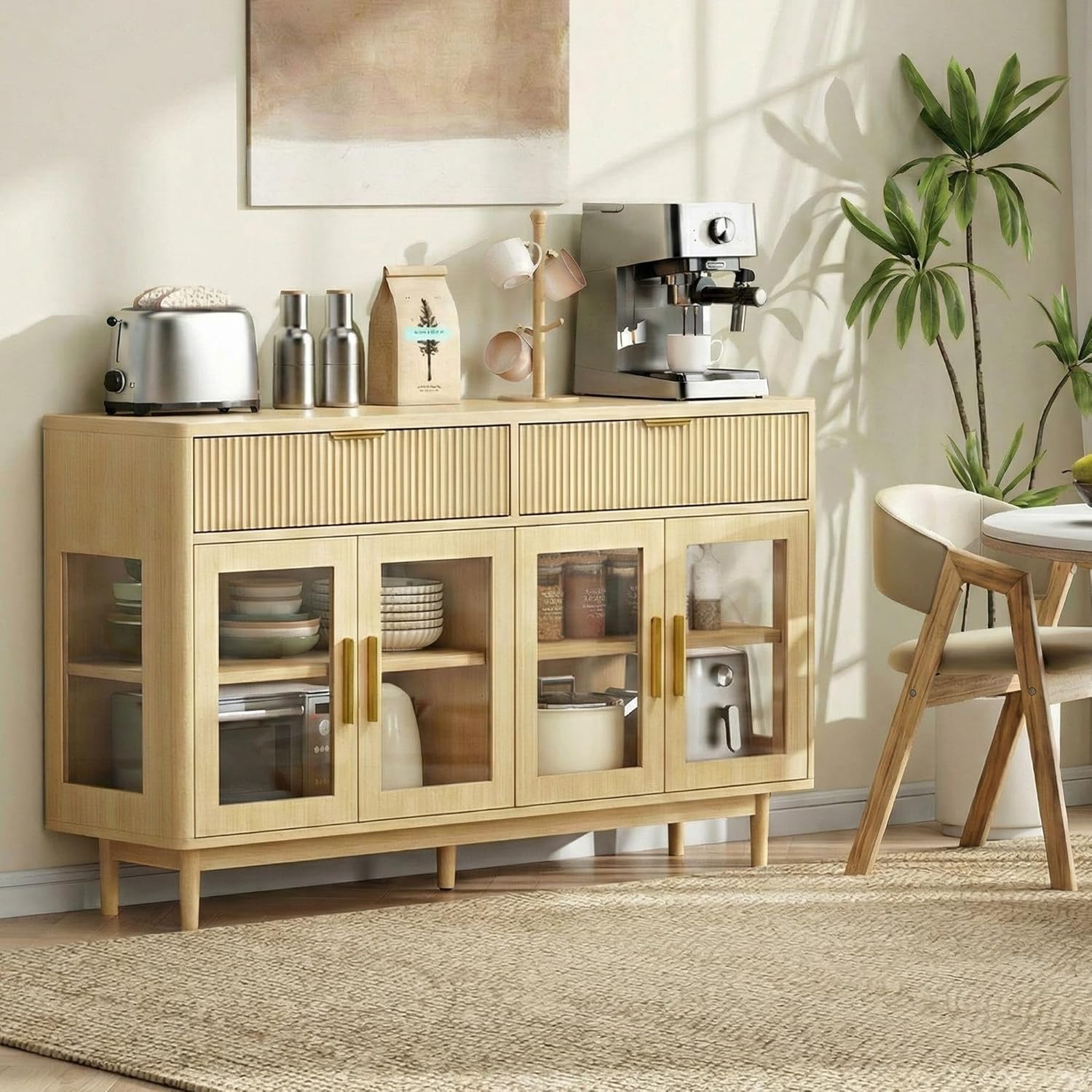 IRONCK 59'' Sideboard Buffet Cabinet with Drawers, Modern Kitchen Storage Cabinet with Adjustable Shelves and Tempered Glass Doors, Wood Coffee Bar for Kitchen, Living Room, Oak