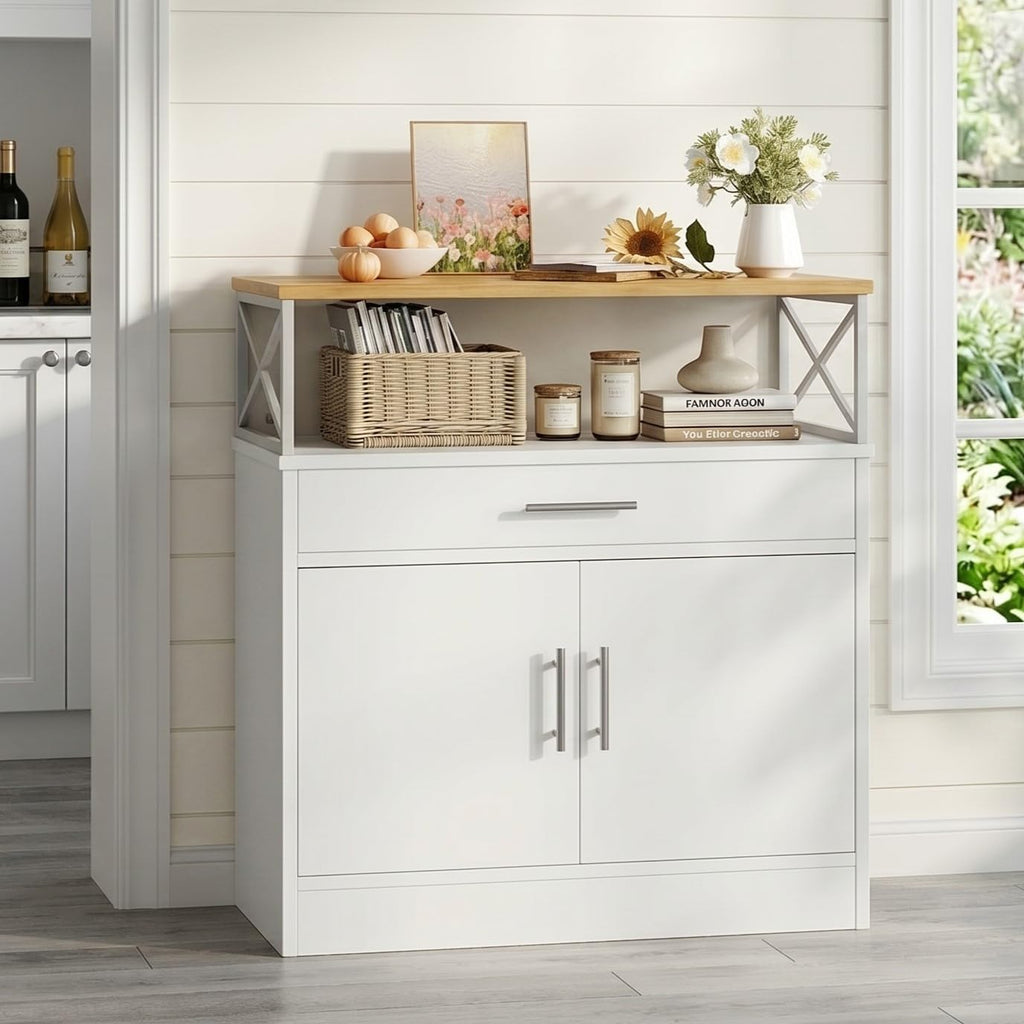Vongrasig Coffee Bar Cabinet, Farmhouse Kitchen Storage Cabinet with Adjustable Shelf, 31“ Modern Sideboard Buffet Table for Kitchen, Dining Room, White