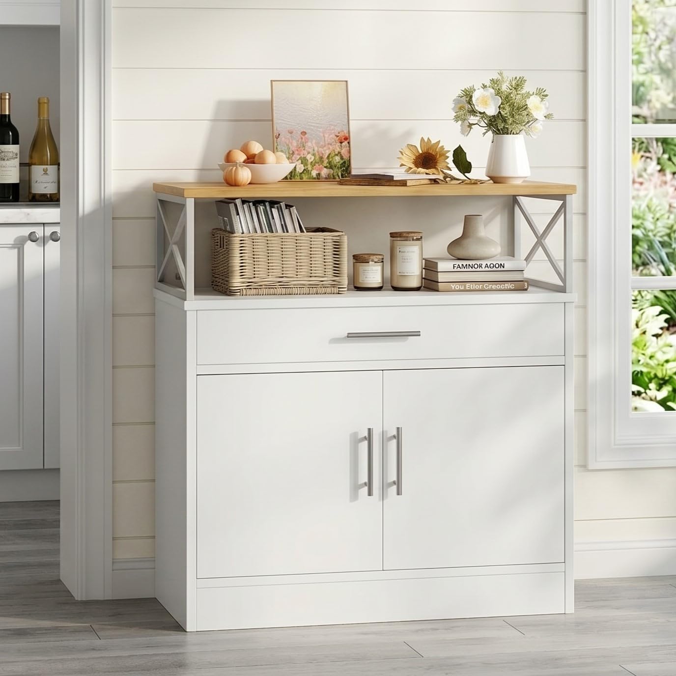 Vongrasig Coffee Bar Cabinet, Farmhouse Kitchen Storage Cabinet with Adjustable Shelf, 31“ Modern Sideboard Buffet Table for Kitchen, Dining Room, White