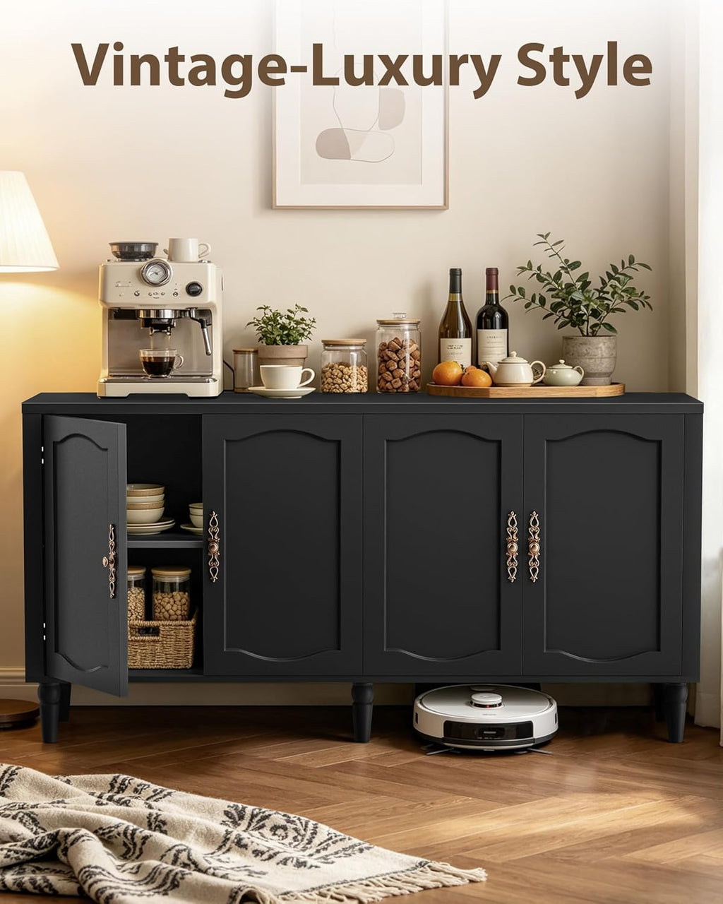 fineway 63" Sideboard Buffet Cabinet with Storage, Mid Century Modern Credenza with Adjustable Shelves & Carved Handles, Kitchen Buffet Table Large Coffee Bar for Dining Room & Living Room, Black