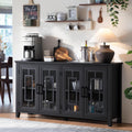 Joaxswe Large Sideboard Buffet Cabinet with Storage, 63" Black Farmhouse Kitchen Coffee Wine Bar Cabinet with 4 Glass Doors, Mid Century Modern Wooden Side Board Table for Dining Room, Living Room