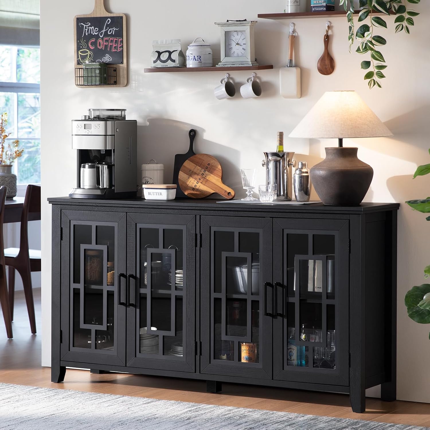 Joaxswe Large Sideboard Buffet Cabinet with Storage, 63" Black Farmhouse Kitchen Coffee Wine Bar Cabinet with 4 Glass Doors, Mid Century Modern Wooden Side Board Table for Dining Room, Living Room