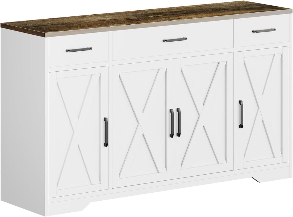 GAOMON Buffet Cabinet with Drawers, 55inch Wood Coffee Bar Large Sideboard Buffet Storage Cabinet with Shelves and Doors for Kitchen Dining Living Room,White/Rustic