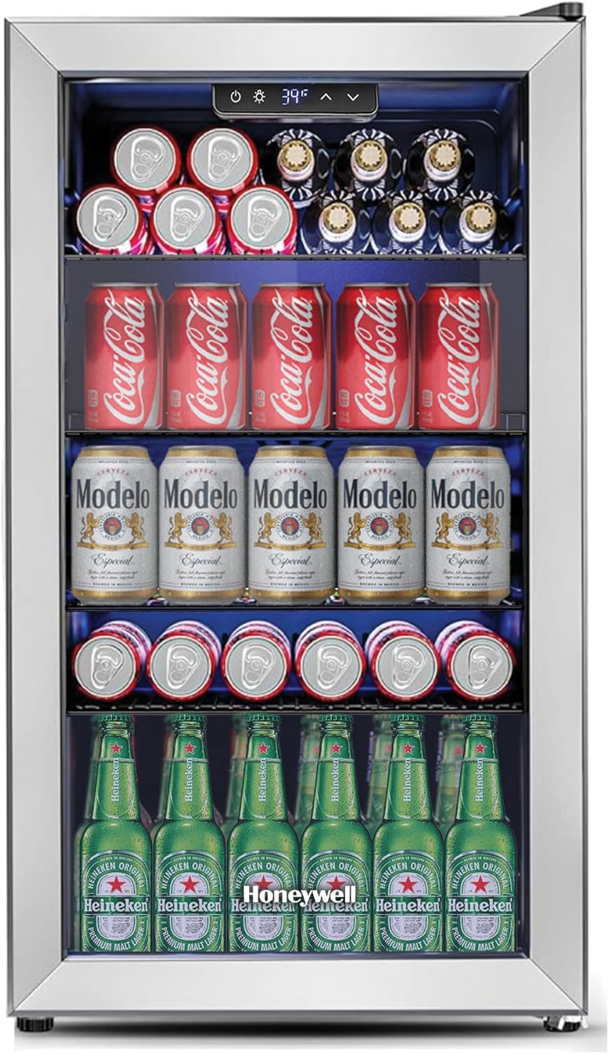 Honeywell Beverage Refrigerator and Cooler, 116 Can Mini Fridge with Glass Door for Soda Beer or Wine for Office or Bar with Adjustable Removable Shelving, Commercial Grade