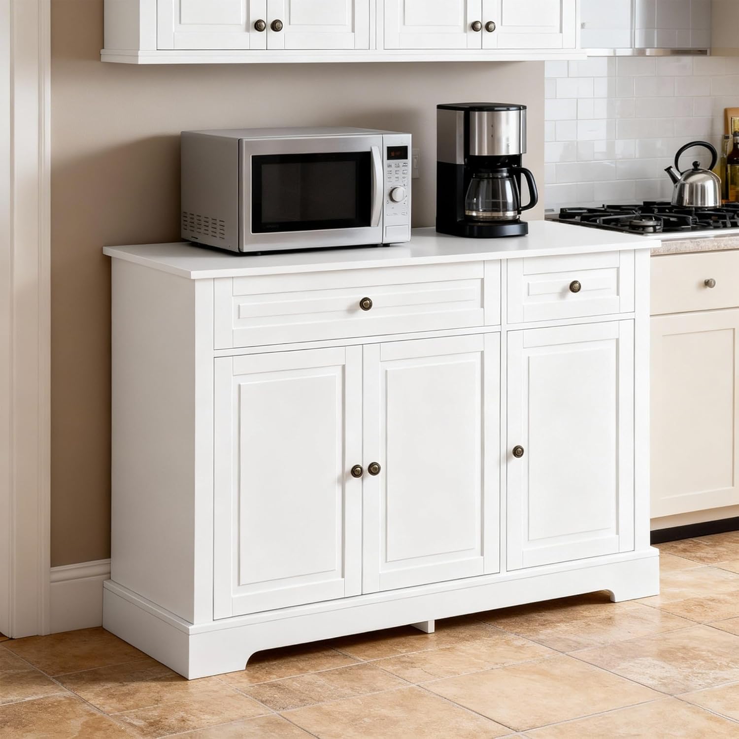 HOMCOM Sideboard Buffet Cabinet, Modern Buffet Cabinet with Storage and 2 Drawers, Coffee Bar Station with Adjustable Shelves for Kitchen, Entryway, White