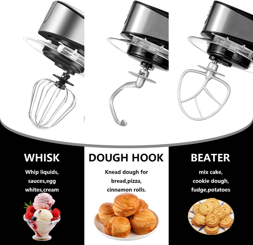 Multifunctional Stand Mixer, 6 in 1 Stand Mixer, 6.3Qt Tilt-head, Standing Mixer with Stainless Steel Bowl, Meat Grinder, Juice Blender, for professional Baking and Most Home Cooks, Black