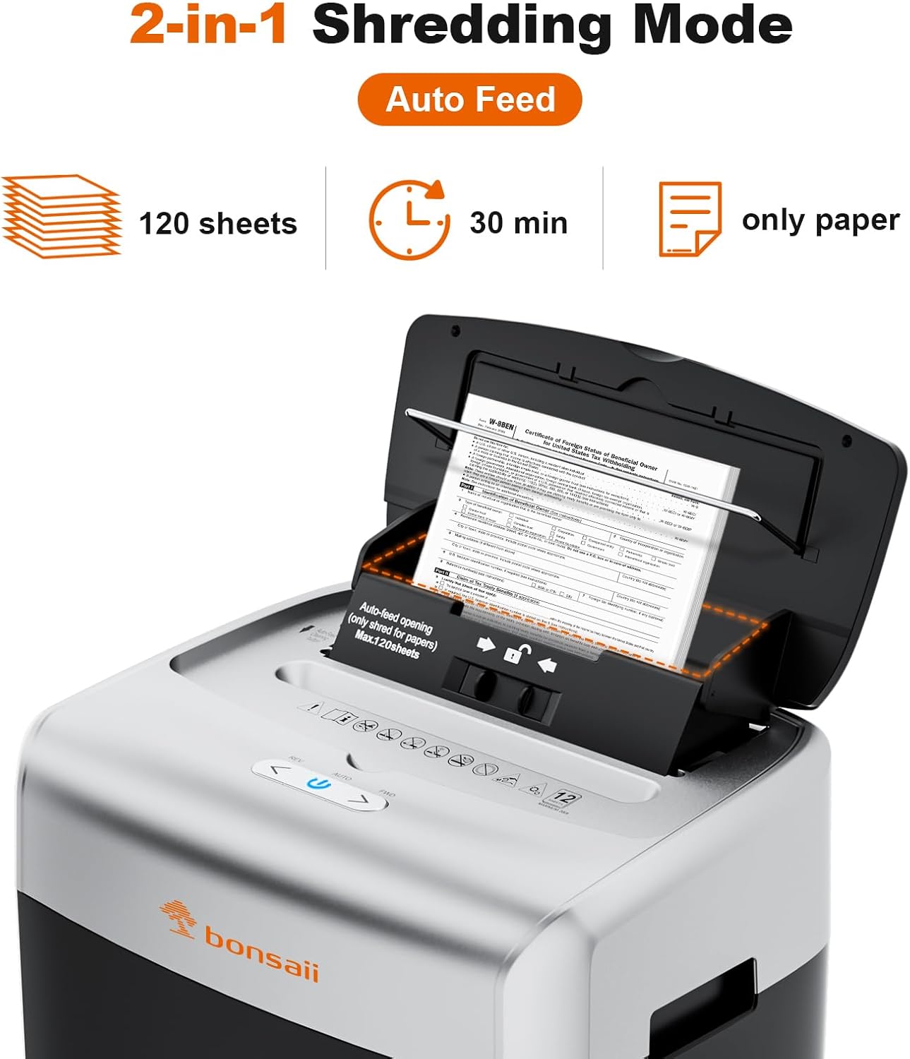 Bonsaii Paper Shredder for Office, 120-Sheet Autofeed Heavy Duty Shredder for Home Office Use, 30 Minutes/Micro Cut/P-4 High Security Level/6 Gallon Large Bin