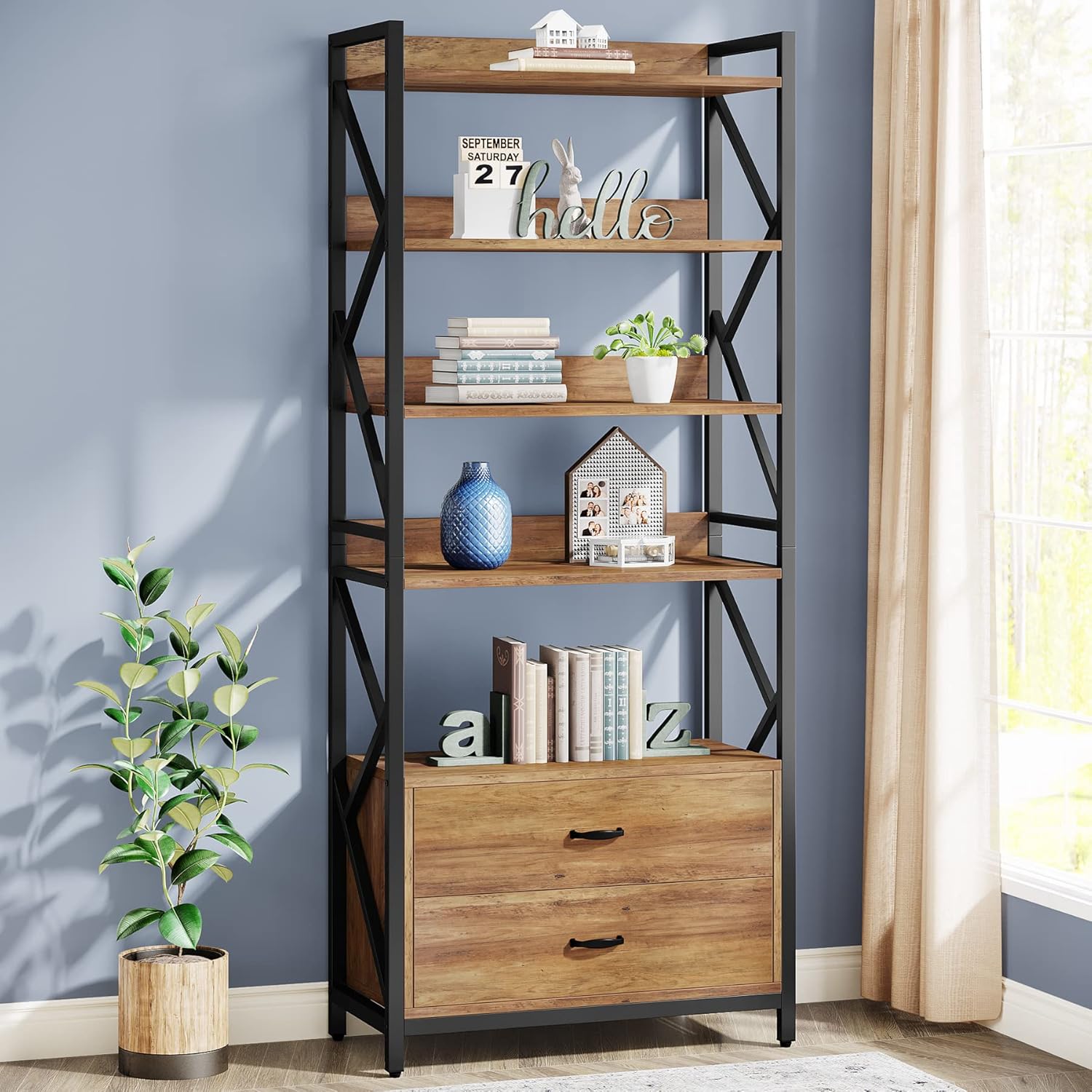 Tribesigns Bookshelf with Drawers, 70.8" Industrial Bookcase with 2 Drawers, 5 Shelf Open Shelf for Storage, Wood Book Shelf for Living Room, Bedroom, Home, Office (1, Rustic Brown)