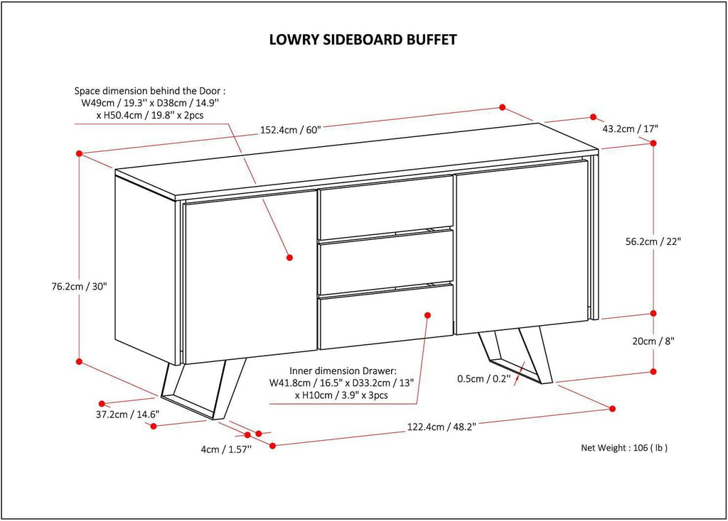 SIMPLIHOME Lowry Buffet - 60 inch Wide Solid Acacia Wood 3-Door Sideboard Buffet in Rustic Natural Aged Brown, Modern Industrial Cabinet for Dining Room with Metal Base and Adjustable Shelves