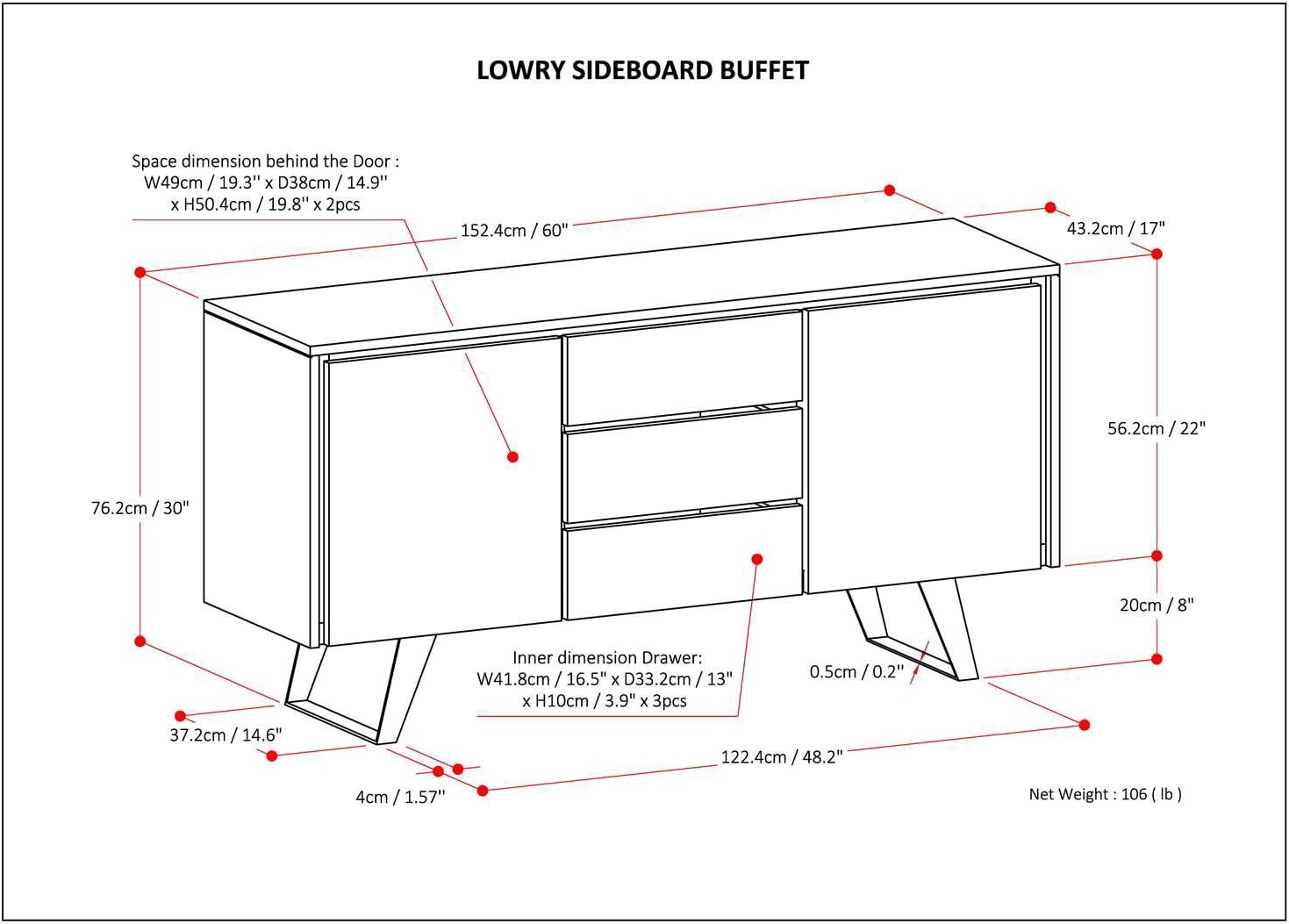 SIMPLIHOME Lowry Buffet - 60 inch Wide Solid Acacia Wood 3-Door Sideboard Buffet in Rustic Natural Aged Brown, Modern Industrial Cabinet for Dining Room with Metal Base and Adjustable Shelves
