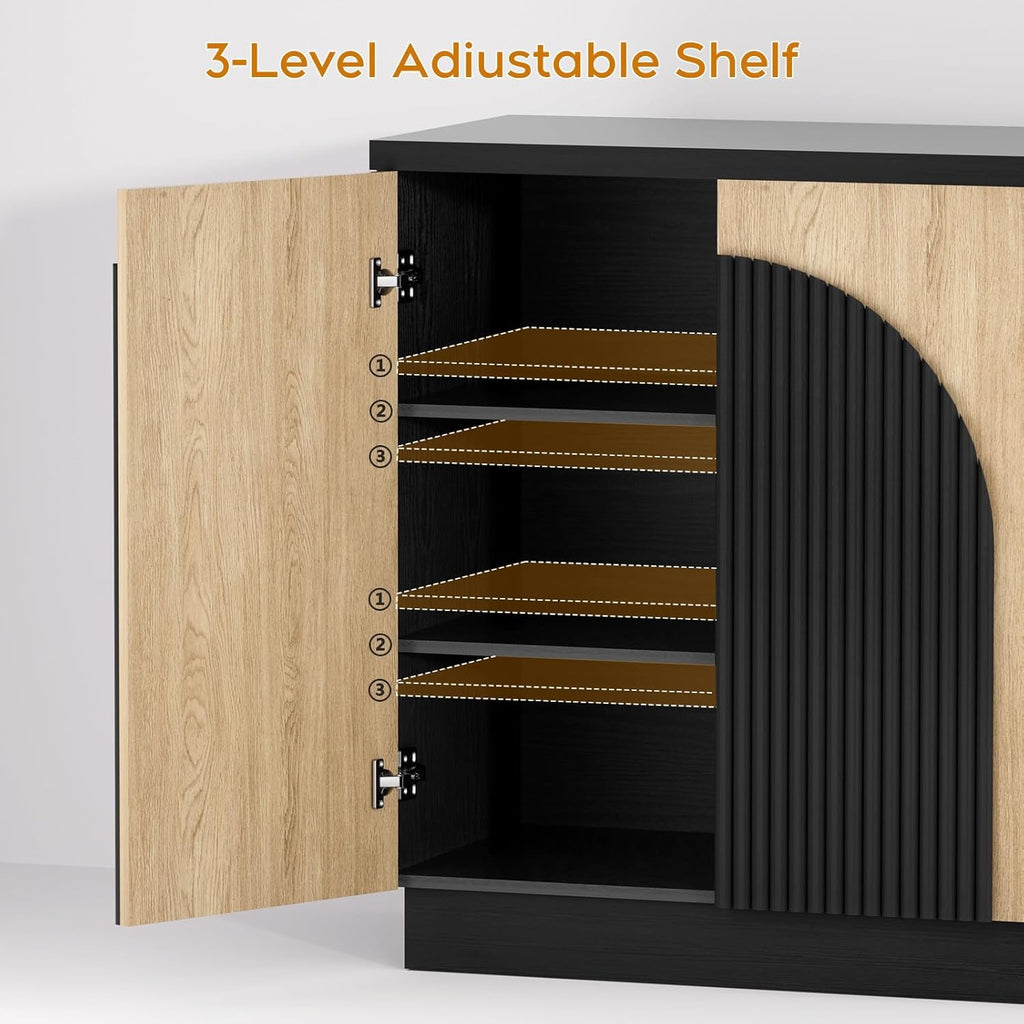 Yechen 55 Inch Fluted Sideboard Buffet Cabinet with Arched Reeded Doors, Modern Mid Century Credenza Accent Storage Cabinet with Adjustable Shelves for Living Room, Dining Room or Kitchen