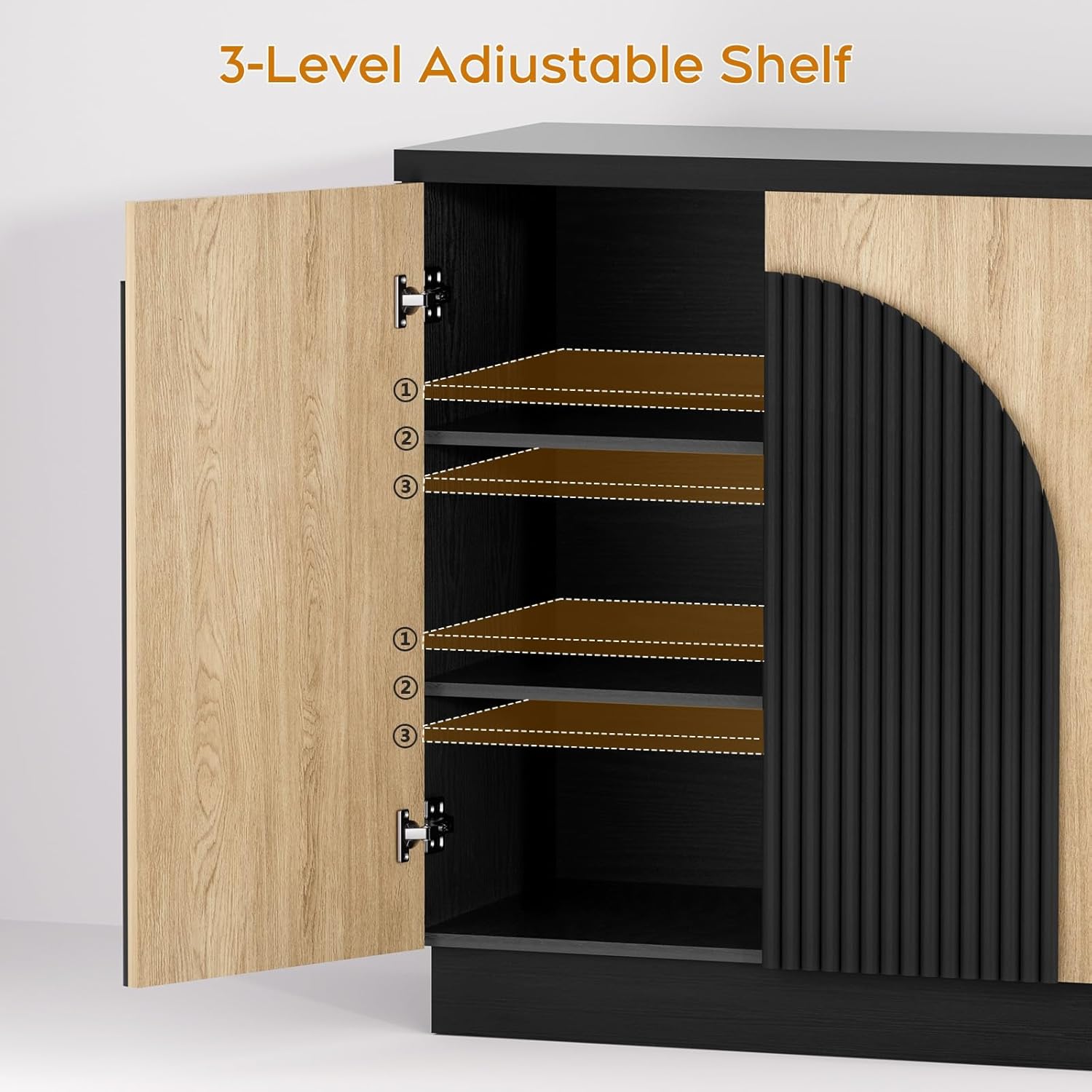 Yechen 55 Inch Fluted Sideboard Buffet Cabinet with Arched Reeded Doors, Modern Mid Century Credenza Accent Storage Cabinet with Adjustable Shelves for Living Room, Dining Room or Kitchen