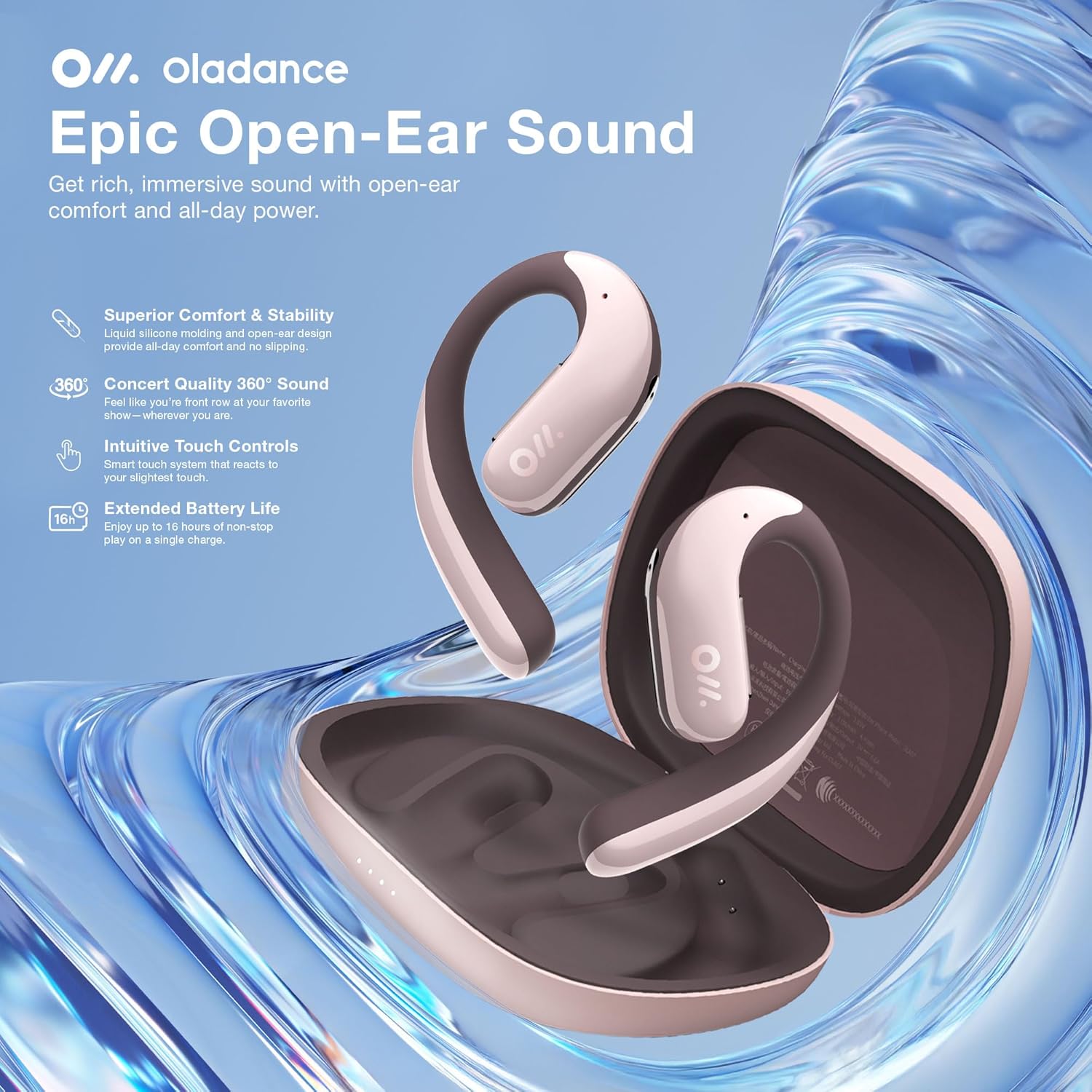 Oladance OWS Pro Open-Ear True Wireless Headphones, Noise Cancellation, Stable Bluetooth 5.3 Connection, Amplifier Chip, Virtual Bass, 360 ° Superior Sound, 16H Playtime, Comfortable Fit (Pink)