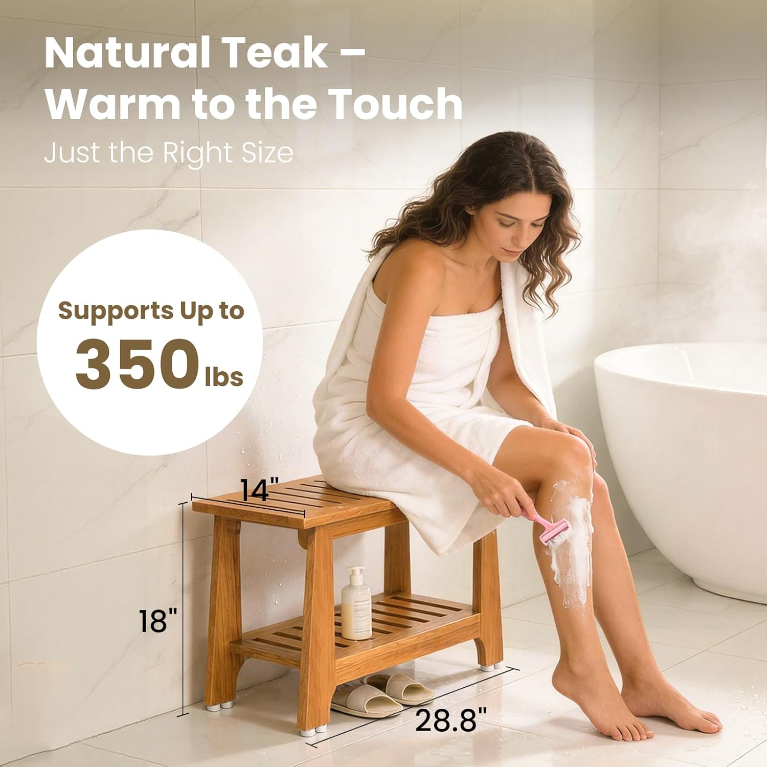 NNN 30" Commercial Teak Shower Bench - 8 Non-Slip Leveling Feet & 350 lbs Capacity | Rock-Solid Stability for Seniors & Spa Safety | Waterproof Design for Saunas/Outdoor Pools (Patented)