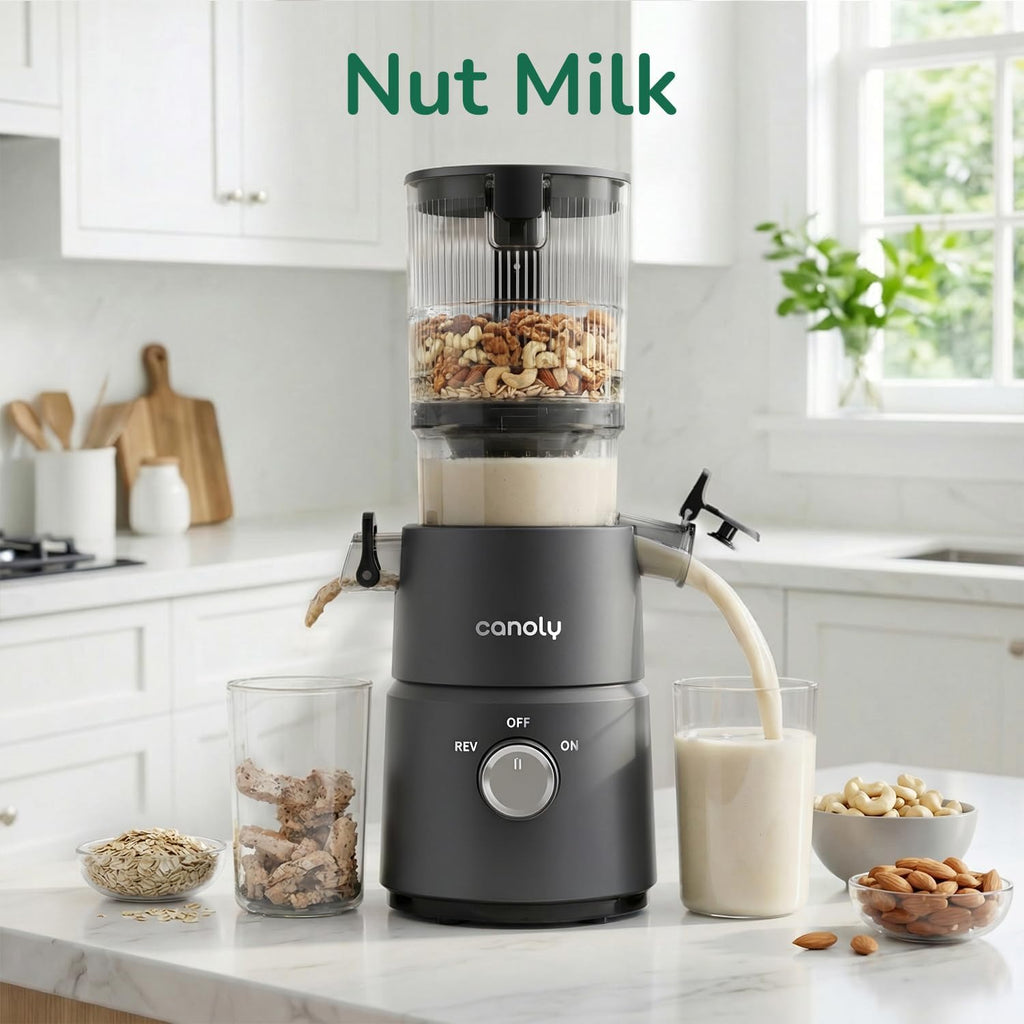 Canoly C03 Cold Press Juicer, 4.5" Wide Feed Chute Masticating Juicer Machine for Whole Fruits and Vegetables, 200W Powerful Quiet Motor, 2-in-1 Strainer (Juice & Nut Milk), Space-Saving (Matte Black)