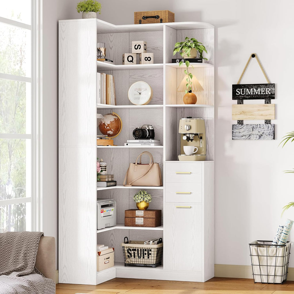 IRONCK Corner Bookshelf, 76" Tall Corner Bookshelves, 6 Tiers L-Shaped Bookcase with 10 Open Shelves and 2 Storage Drawers for Living Room or Home Office
