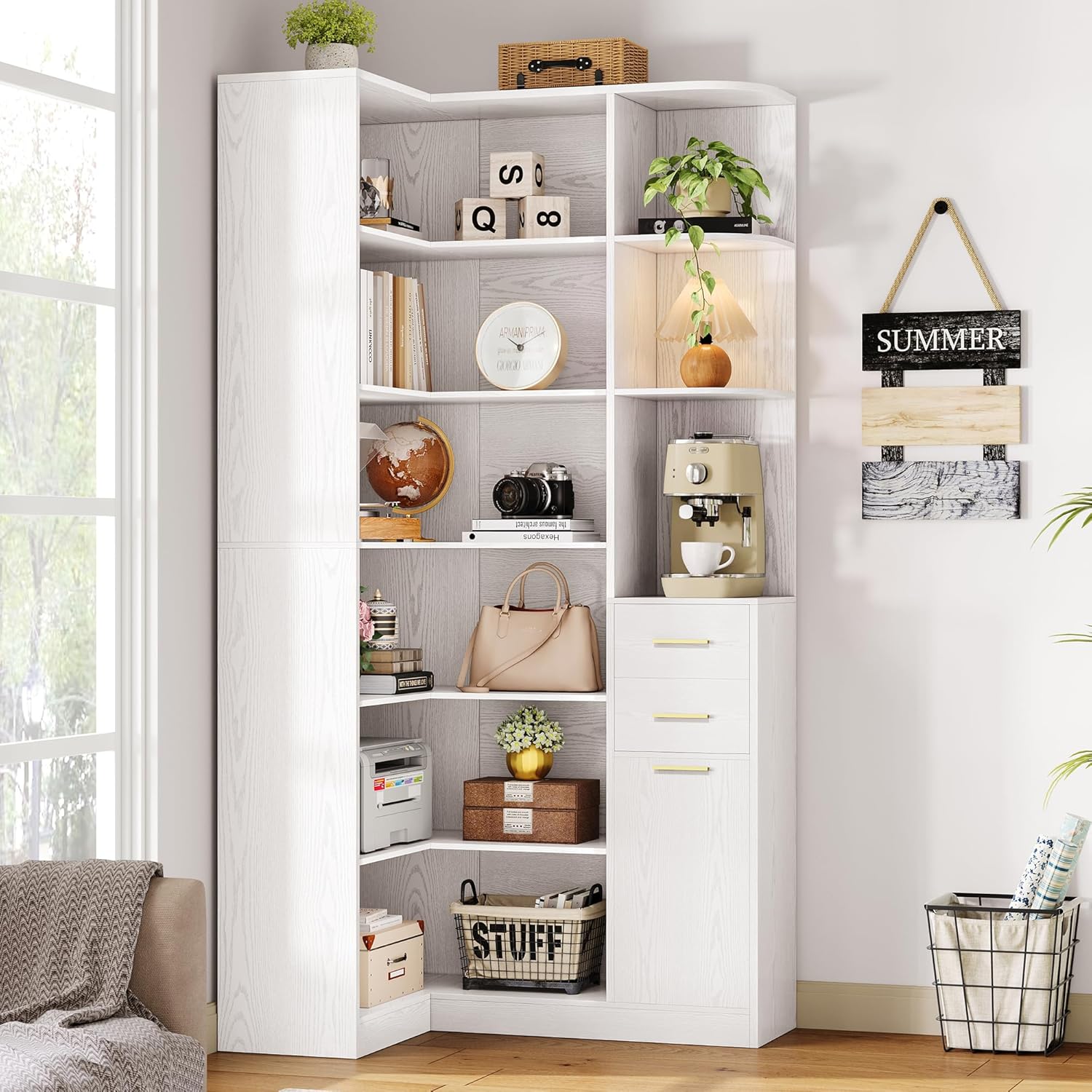 IRONCK Corner Bookshelf, 76" Tall Corner Bookshelves, 6 Tiers L-Shaped Bookcase with 10 Open Shelves and 2 Storage Drawers for Living Room or Home Office