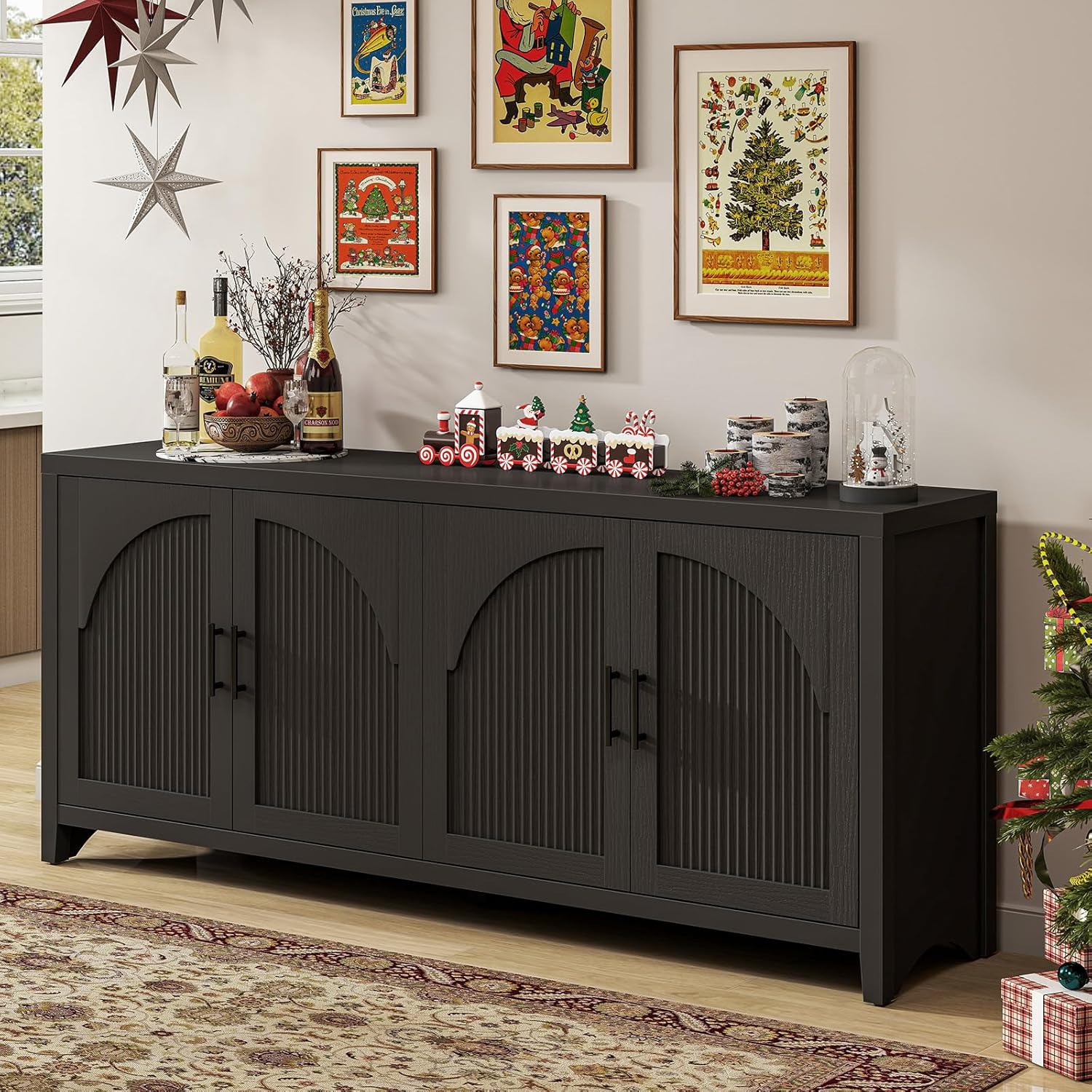 Bestier 70" Sideboard Buffet Cabinet with Storage, Modern Credenza Storage Cabinet, Farmhouse Arch Fluted Doors & Adjustable Shelves,Soild Wood Side Board Long Cabinet for Living Room, Entryway, Black
