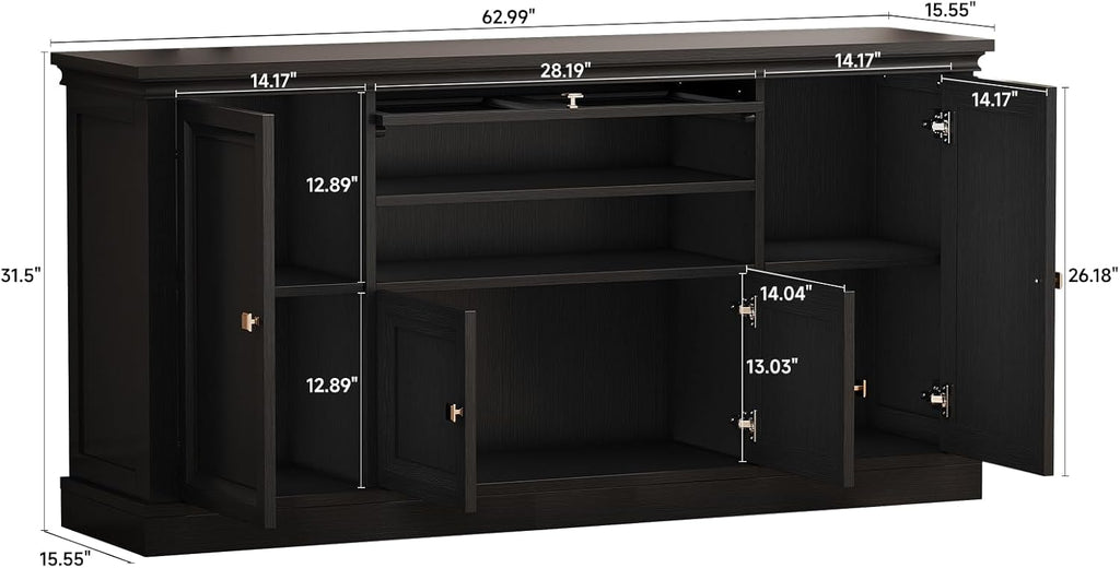 ONBRILL 63" Large Buffet Cabinet with Storage, Farmhouse Sideboard Cabinet with Grooved Barn Doors, Wood Rustic Kitchen Buffet Table Coffee Bar Storage Cabinet for Kitchen, Living Room (Black)