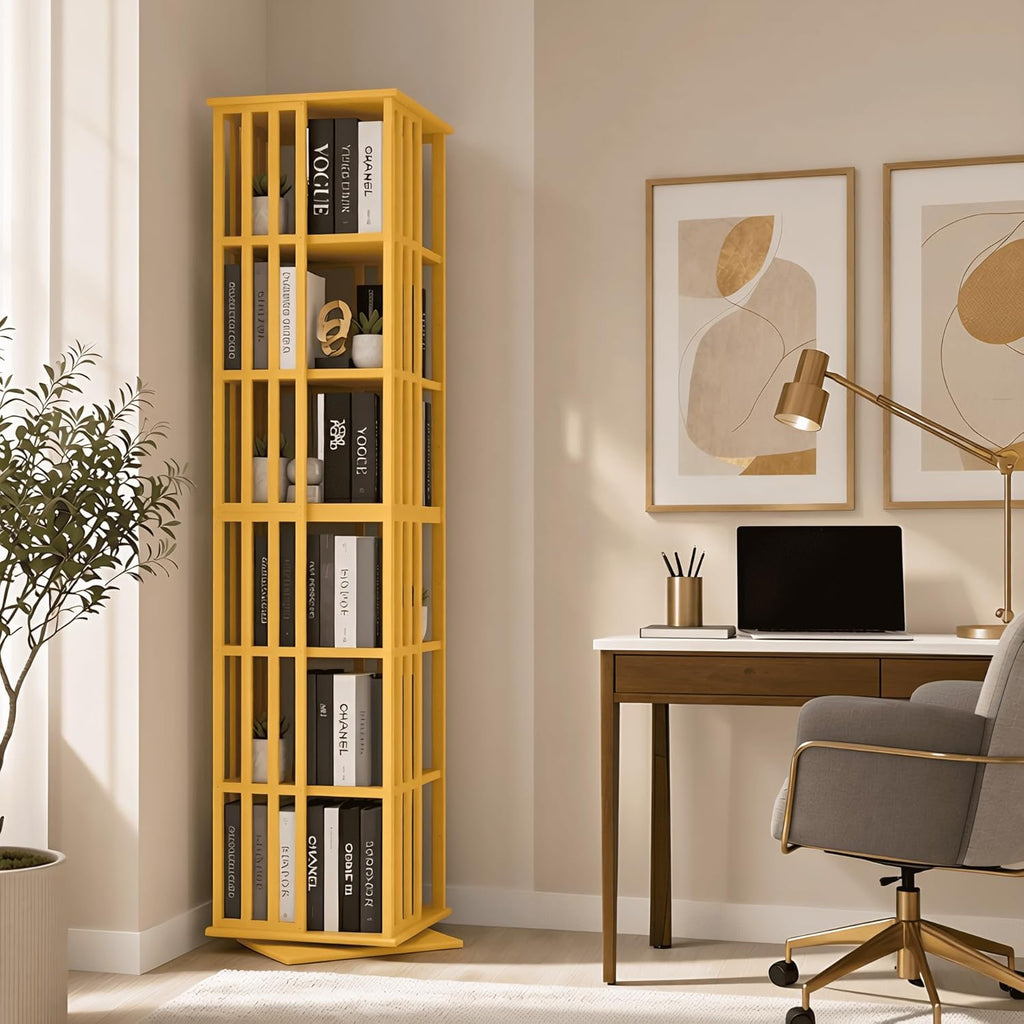 Lauxery Rotating Bookshelf Tower– 6 Tier 360° Spinning Bookshelf | Space-Saving Floor Standing Bamboo Revolving Bookcase for Small Space, Home Offices & Reading Corners | Gold
