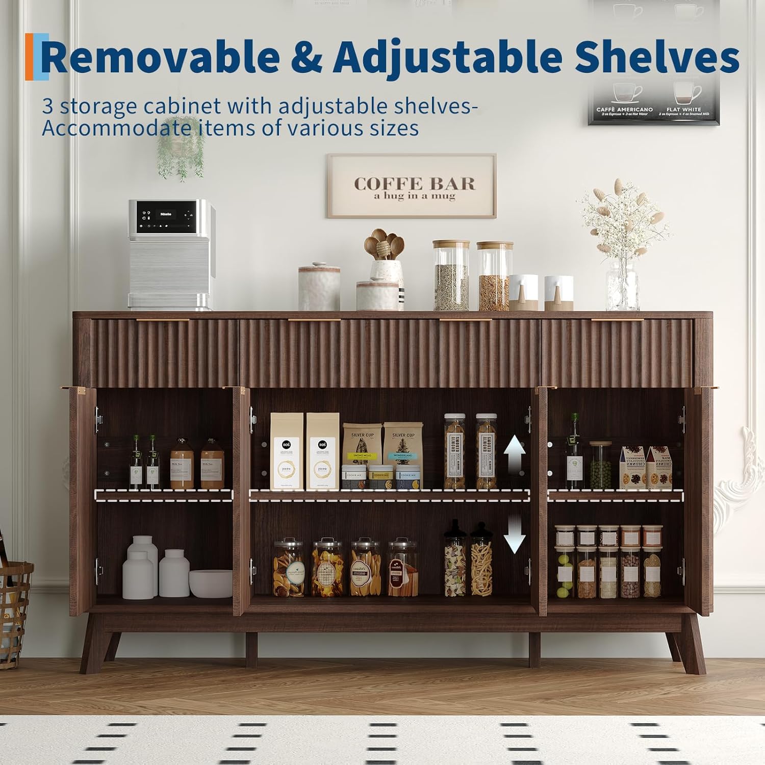 IDEALHOUSE 60" Large Farmhouse Sideboard Buffet Cabinet with Storage Drawers & Adjustable Shelves, Wood Fluted Buffet Storage Cabinet & Coffee Bar Console Table for Living Room & Kitchen Dining Room