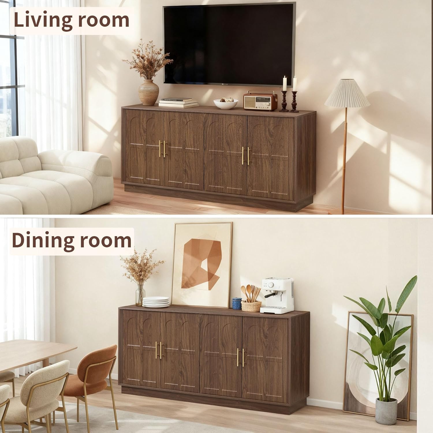 66.5" Sideboard Buffet Cabinet with Storage, Modern Credenza with Arched Doors, Large Wood Accent Cabinet for Living Room Entryway (Walnut)