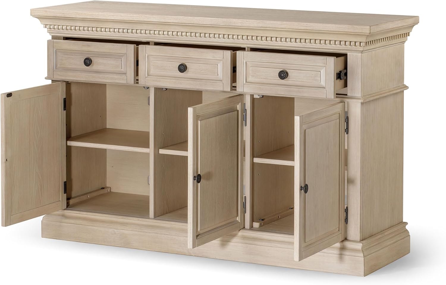 Maven Lane Theo Traditional Large Wooden Sideboard, Accent Buffet Server Table with Doors for Kitchen or Living Room in Antiqued White Finish