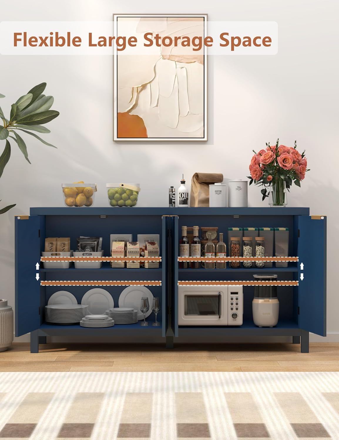Fluted Sideboard Buffet Cabinet with Storage, 58'' Mid Century Modern Accent Credenza with Arch Doors & Adjustable Shelves, Wooden Coffee Bar for Dining Room Kitchen Living Room Entryway Hallway