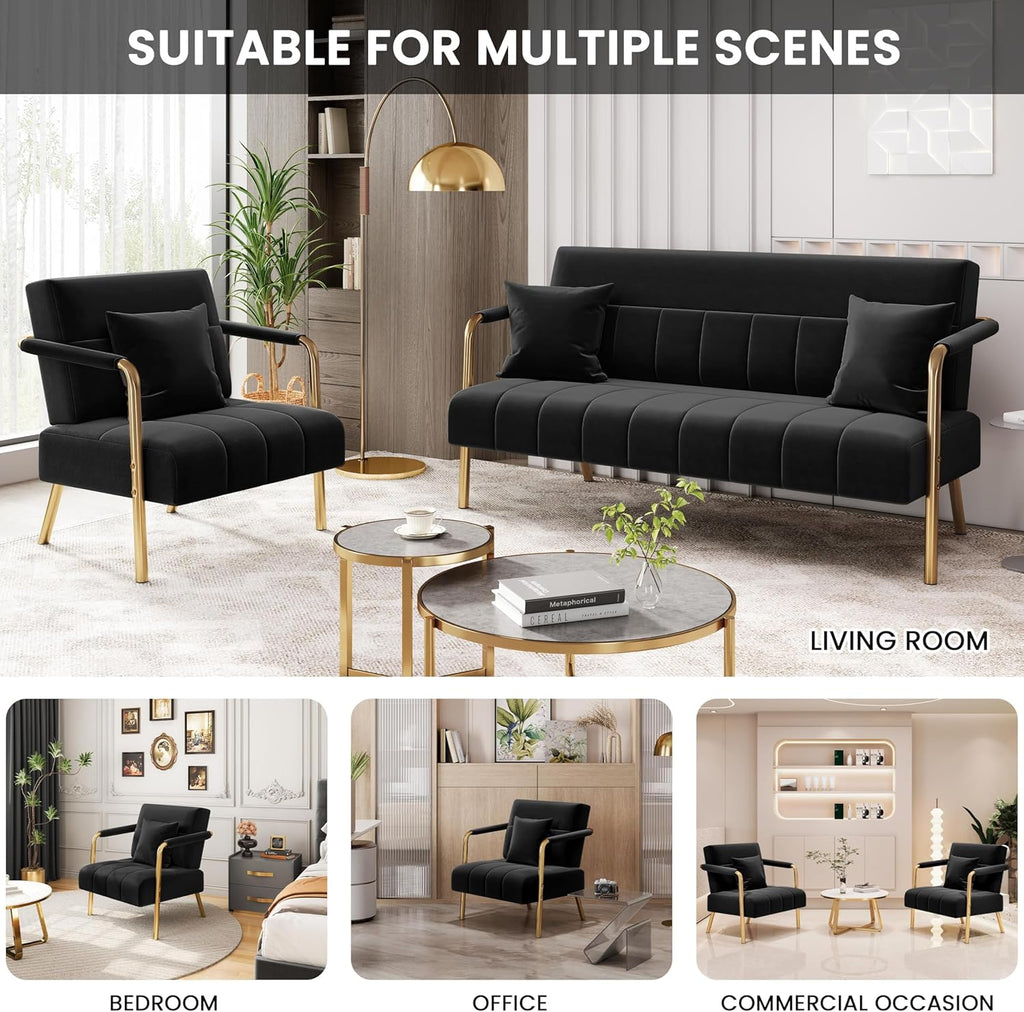 Yaheetech 30" W Accent Chair Velvet Oversized Armchair Living Room Chair with Golden Frame & Cozy Pillow for Living Room, Bedroom, Office Black