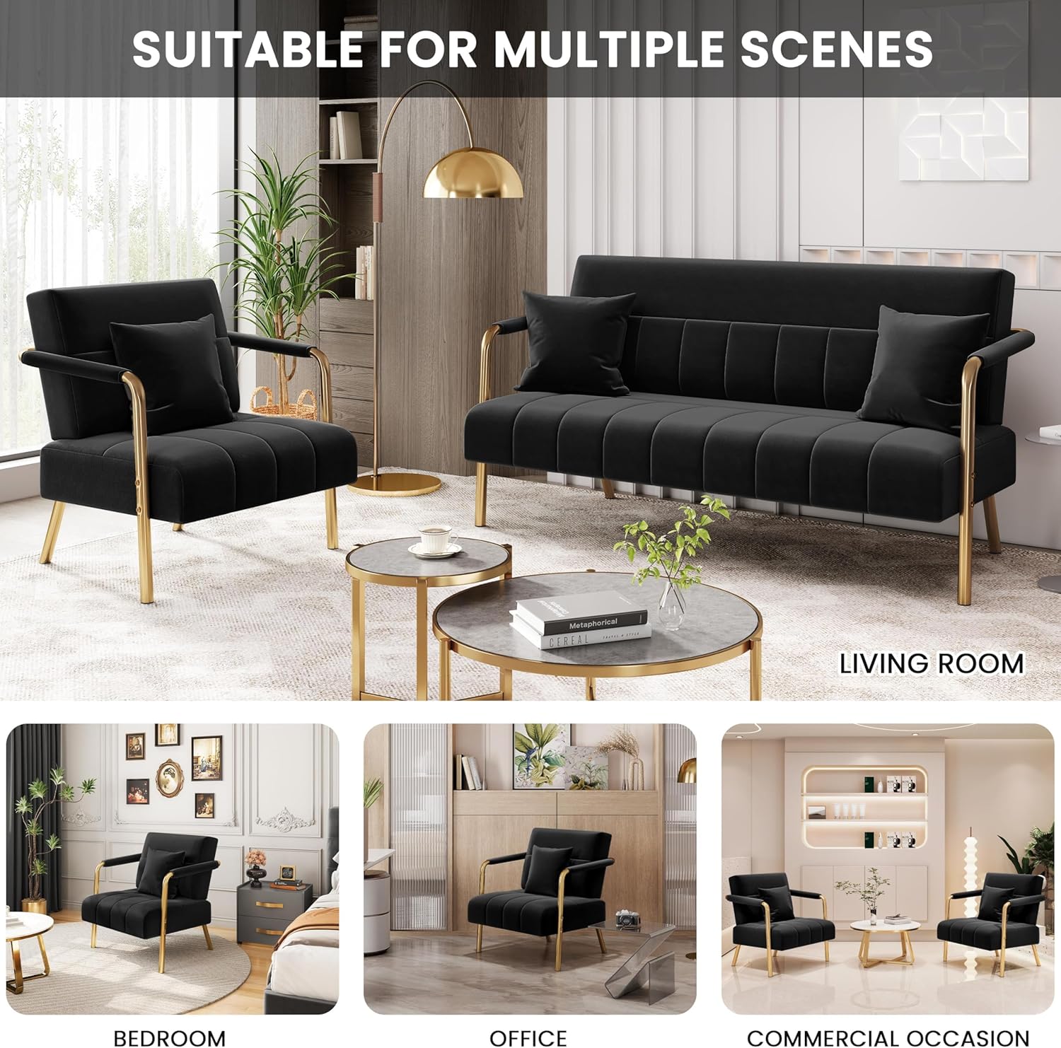 Yaheetech 30" W Accent Chair Velvet Oversized Armchair Living Room Chair with Golden Frame & Cozy Pillow for Living Room, Bedroom, Office Black
