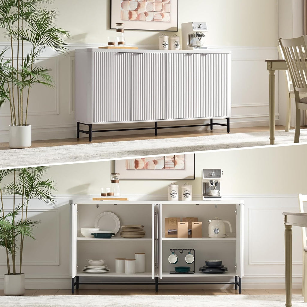 Fatmok 65" Buffet Cabinet with Storage, Fluted Credenza Sideboard with 4 Doors & Adjustable Shelves, Large Coffee Bar Console Table for Dining Room, Living Room, Entryway, White