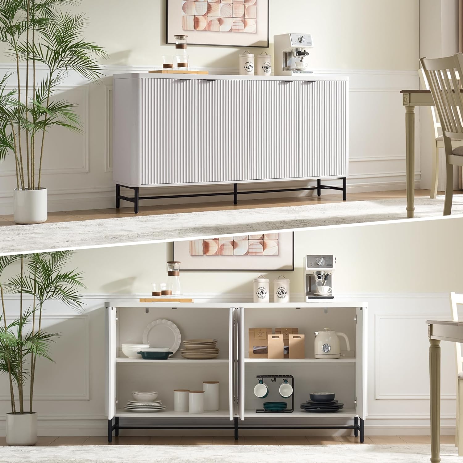 Fatmok 65" Buffet Cabinet with Storage, Fluted Credenza Sideboard with 4 Doors & Adjustable Shelves, Large Coffee Bar Console Table for Dining Room, Living Room, Entryway, White
