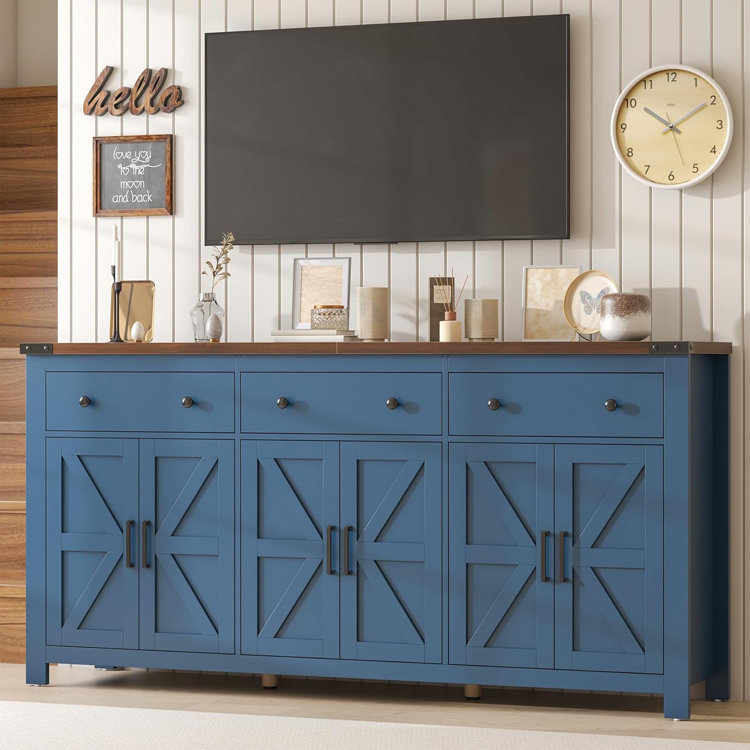 VVFLU 71" Large Sideboard Buffet Cabinet with Storage, Modern Farmhouse Coffee Bar with 3 Drawers and 6 Barn Doors, Dining Room Storage Cabinet, for Kitchen, Living Room, White Wood, Blue Wood
