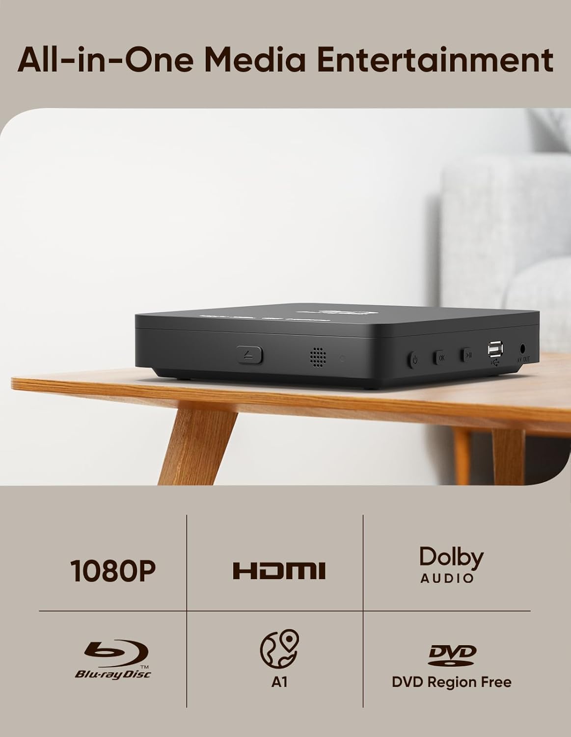 Blu Ray DVD Player for Smart & Old TVs, 1080P Home Theater Player with HDMI & AV Output, Supports 128GB USB Playback, Dolby DTS Audio, Plays A1 Blu-ray Discs, DVDs & CDs