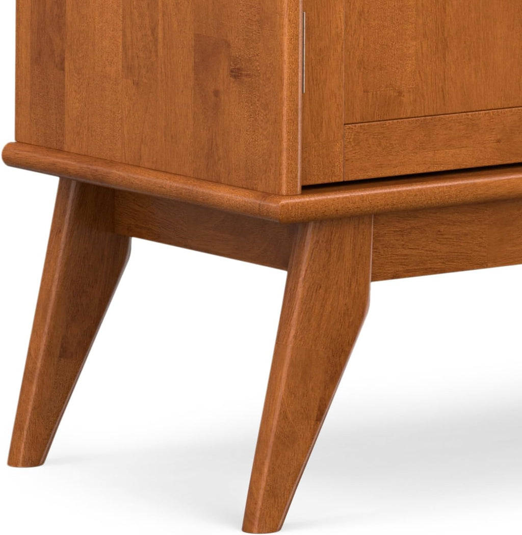 SIMPLIHOME Draper Buffet - 66 inch Wide Solid Hardwood 4-Door Sideboard Buffet in Teak Brown, Mid-Century Modern Cabinet for Dining Room or Kitchen with Adjustable Shelves and Tapered Legs