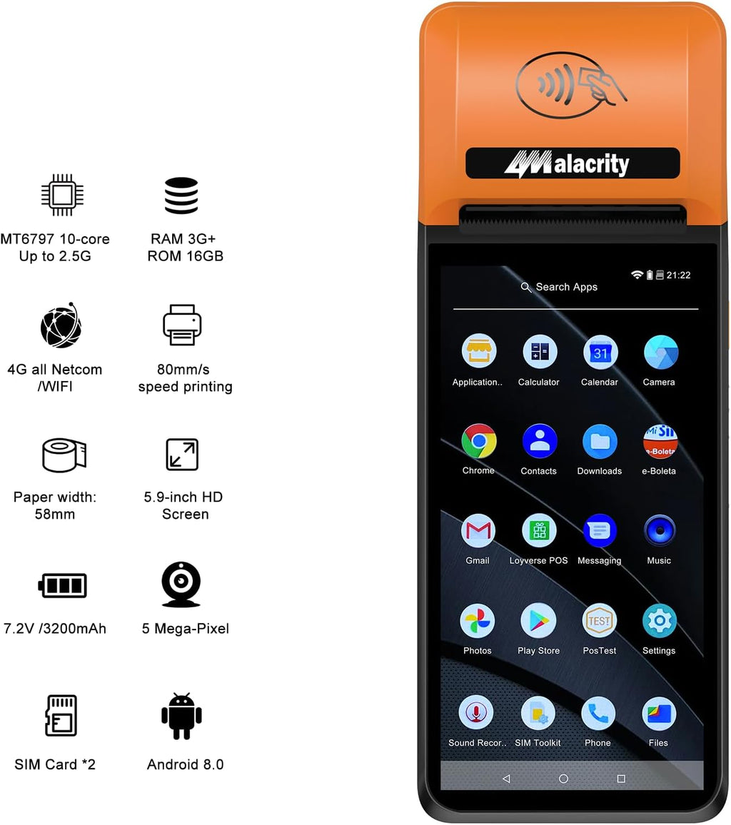Alacrity Handheld Mobile POS PDA Terminal, 1D 2D Scan Module, 58mm Receipt Printer, Android 12, 5.9" Touch Screen Supports 4G WiFi Bluetooth, Perfect to Manage Queues, Online, Mobile & Takeaway Orders