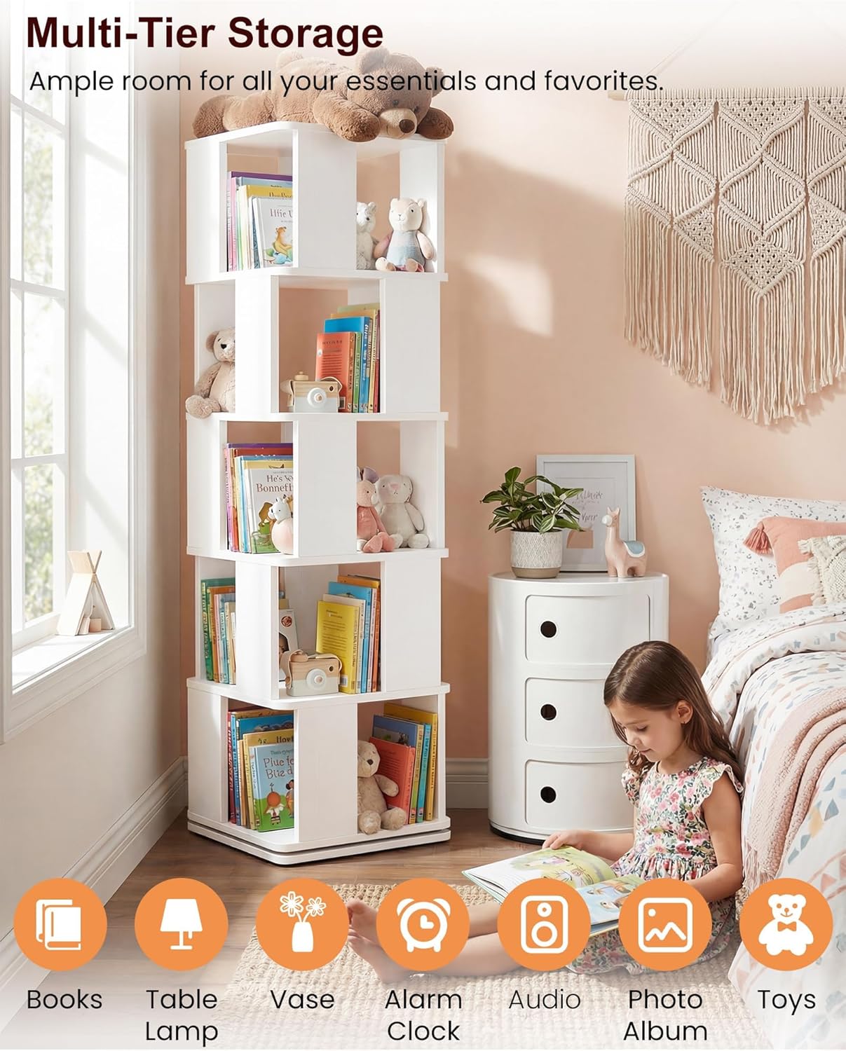 5-Tier Rotating Bookshelf Tower, 360° Spinning Modern Book Storage Bookcase, Stable Display Corner Book Shelf for Kids Room, Living Room, Bedroom, Home Office, White