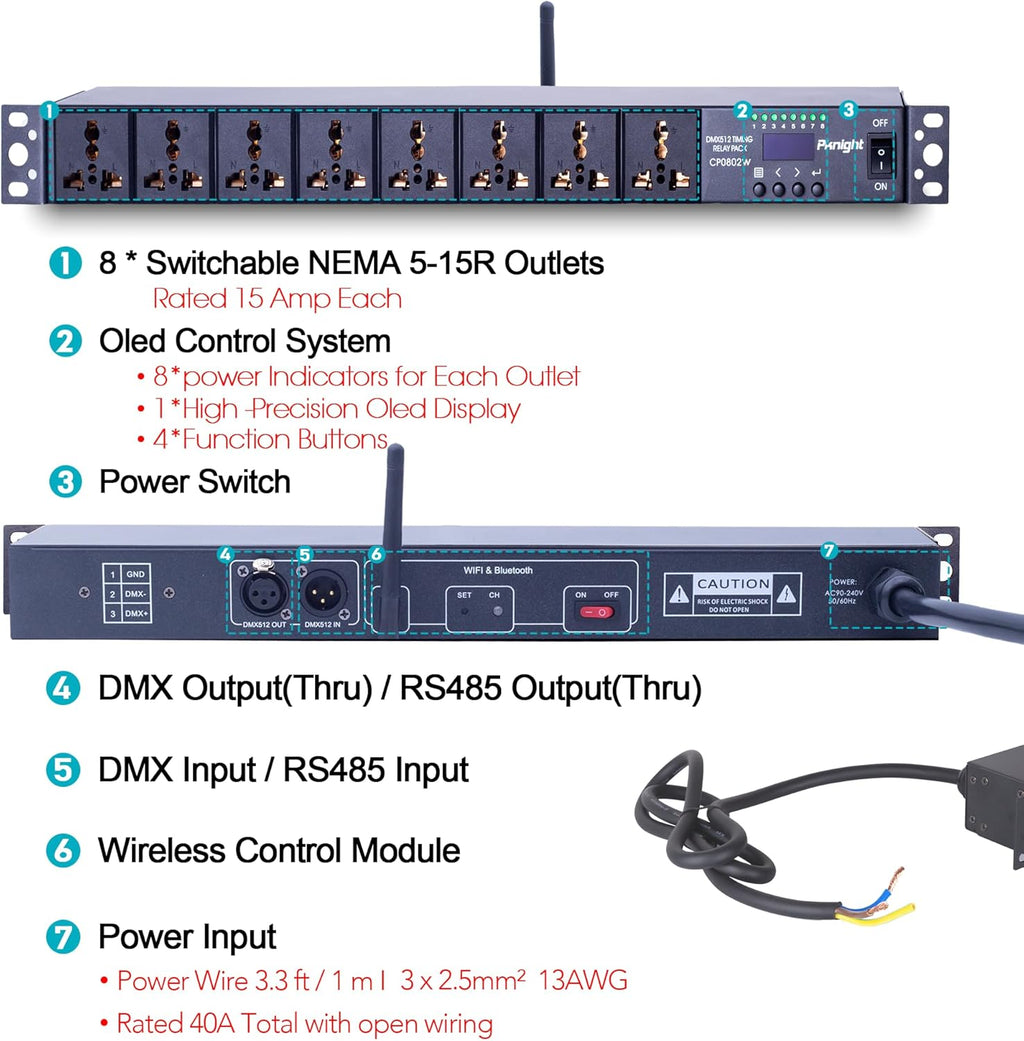 Pknight Pknight 2.4G Wireless WiFi & RS485 8-Outlet Smart PDU DMX Relay – Programmable Power Sequencer with DMX512 Control, Rack-Mount Power Distribution Unit for Home & Studio
