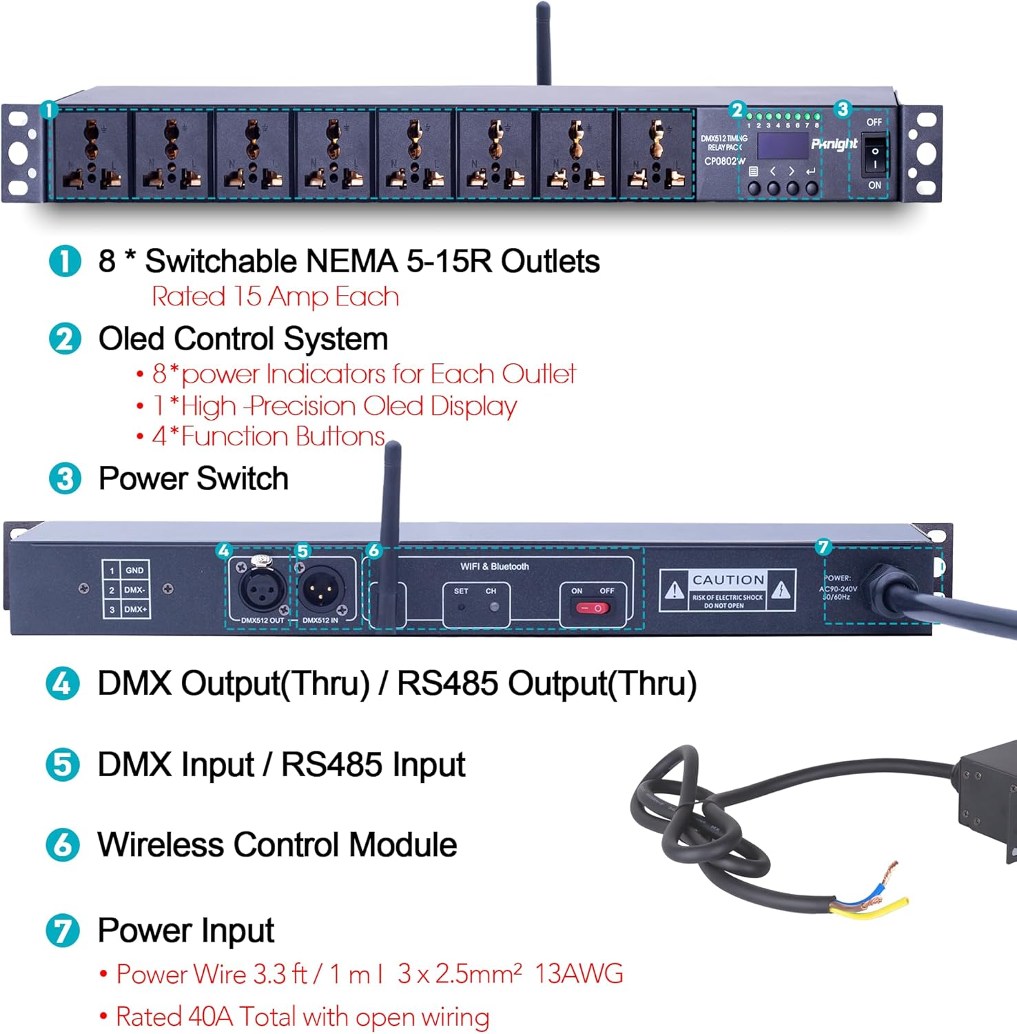 Pknight Pknight 2.4G Wireless WiFi & RS485 8-Outlet Smart PDU DMX Relay – Programmable Power Sequencer with DMX512 Control, Rack-Mount Power Distribution Unit for Home & Studio