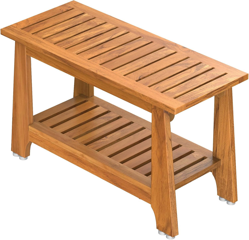 NNN 30" Commercial Teak Shower Bench - 8 Non-Slip Leveling Feet & 350 lbs Capacity | Rock-Solid Stability for Seniors & Spa Safety | Waterproof Design for Saunas/Outdoor Pools (Patented)