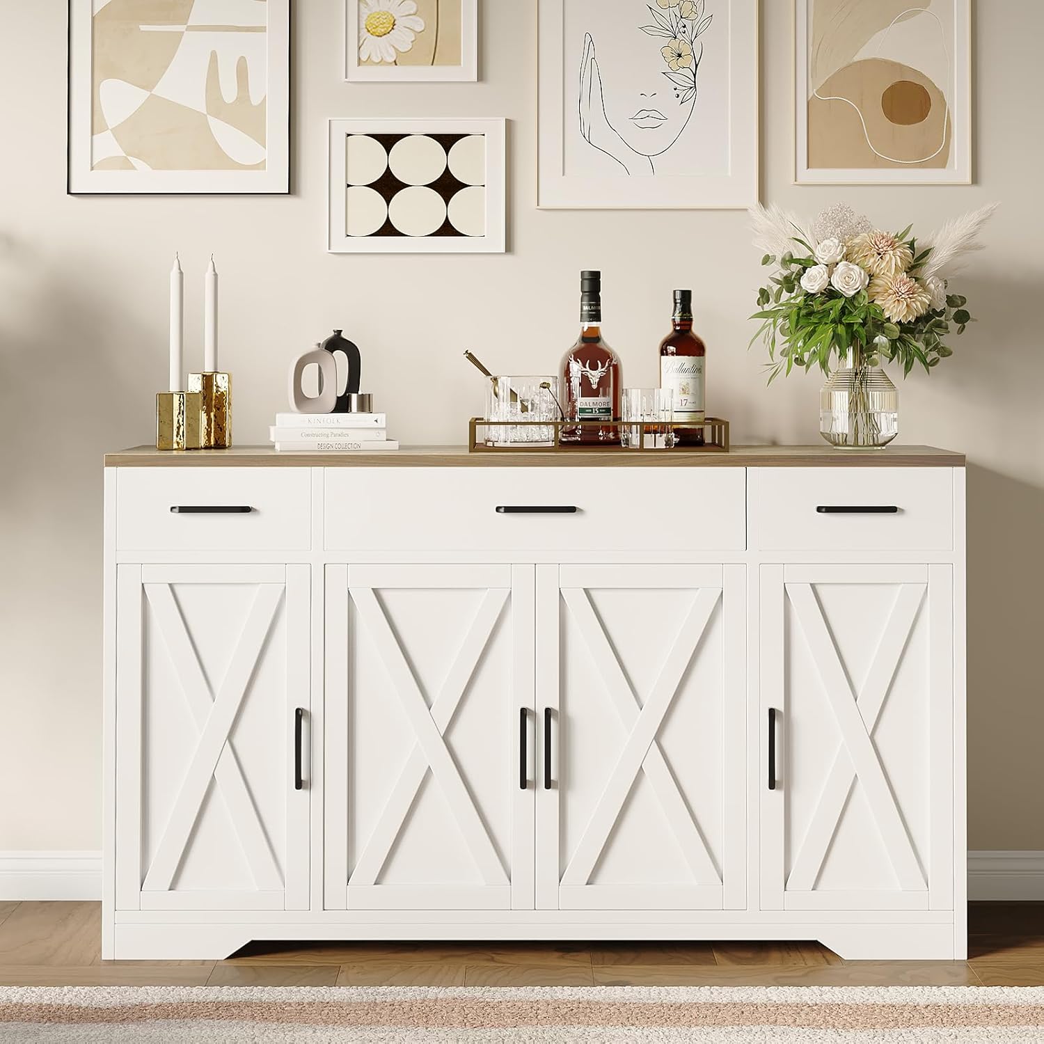 GAOMON Buffet Cabinet with Drawers, 55inch Wood Coffee Bar Large Sideboard Buffet Storage Cabinet with Shelves and Doors for Kitchen Dining Living Room,White/Rustic