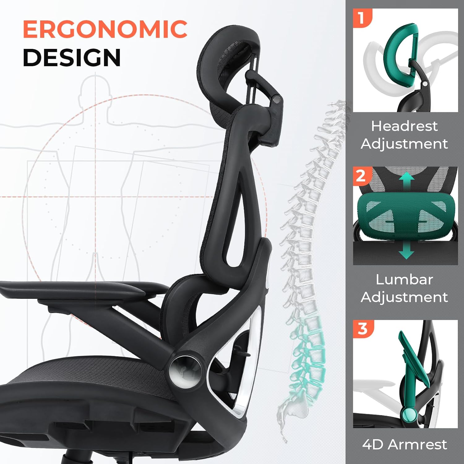 CAPOT Ergonomic Mesh Office Chair, Adjustable Lumbar High Back Desk Chair 400lbs, 4D Flip-up Arms, 3-Level Tilt Backrest, 3D Headrest, PU Wheels, Swivel Rolling Computer Seating for Long Desk Work