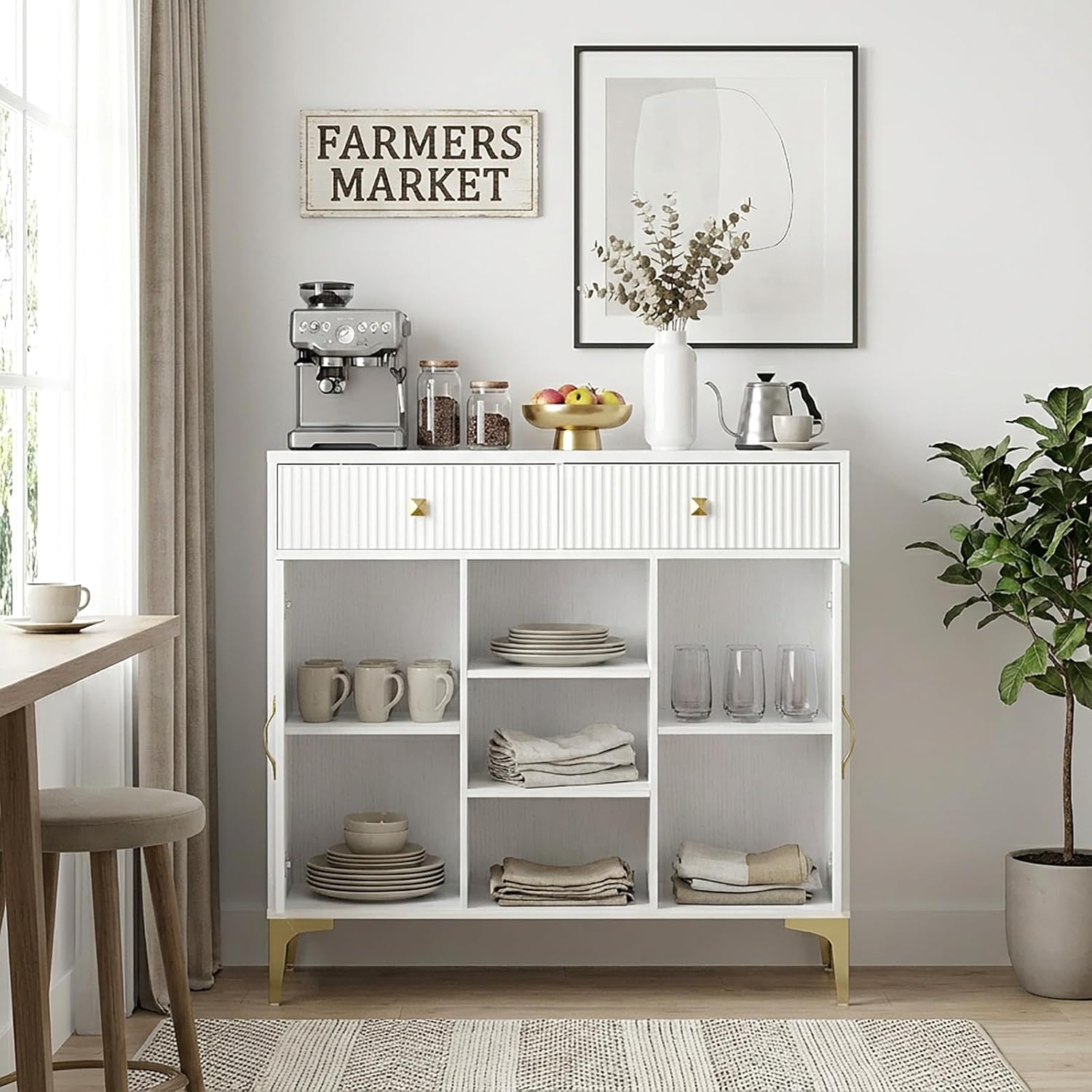 Sideboard Buffet Cabinet with Adjustable Shelves, Modern Storage Cabinet with Drawers and Doors, White Kitchen Buffet for Dining Room, Living Room, Entryway, 39.4 Inch
